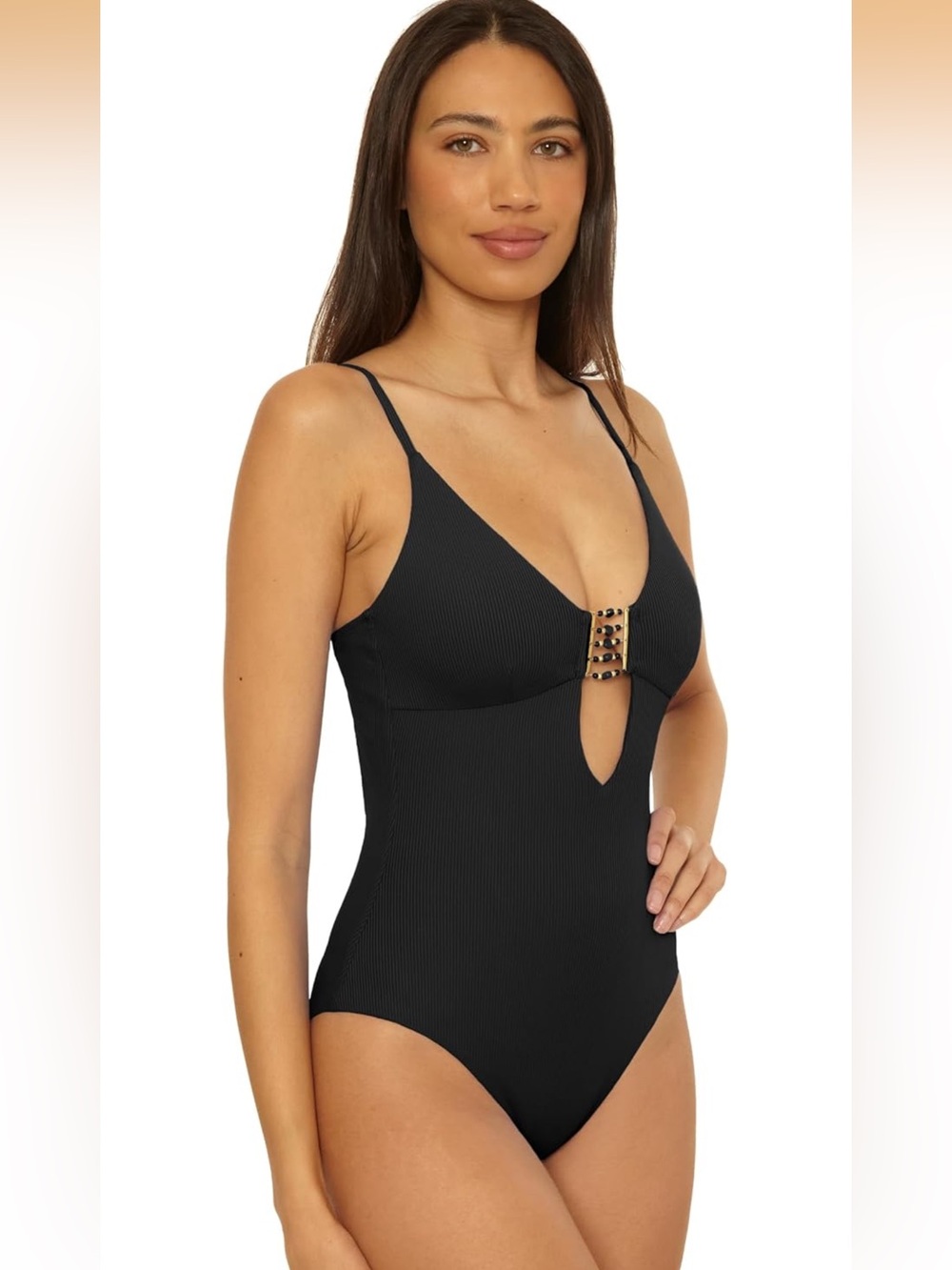 BECCA Black One-Piece Swimsuit with Center Buckle and Keyhole Size S NWT - Picture 2 of 8